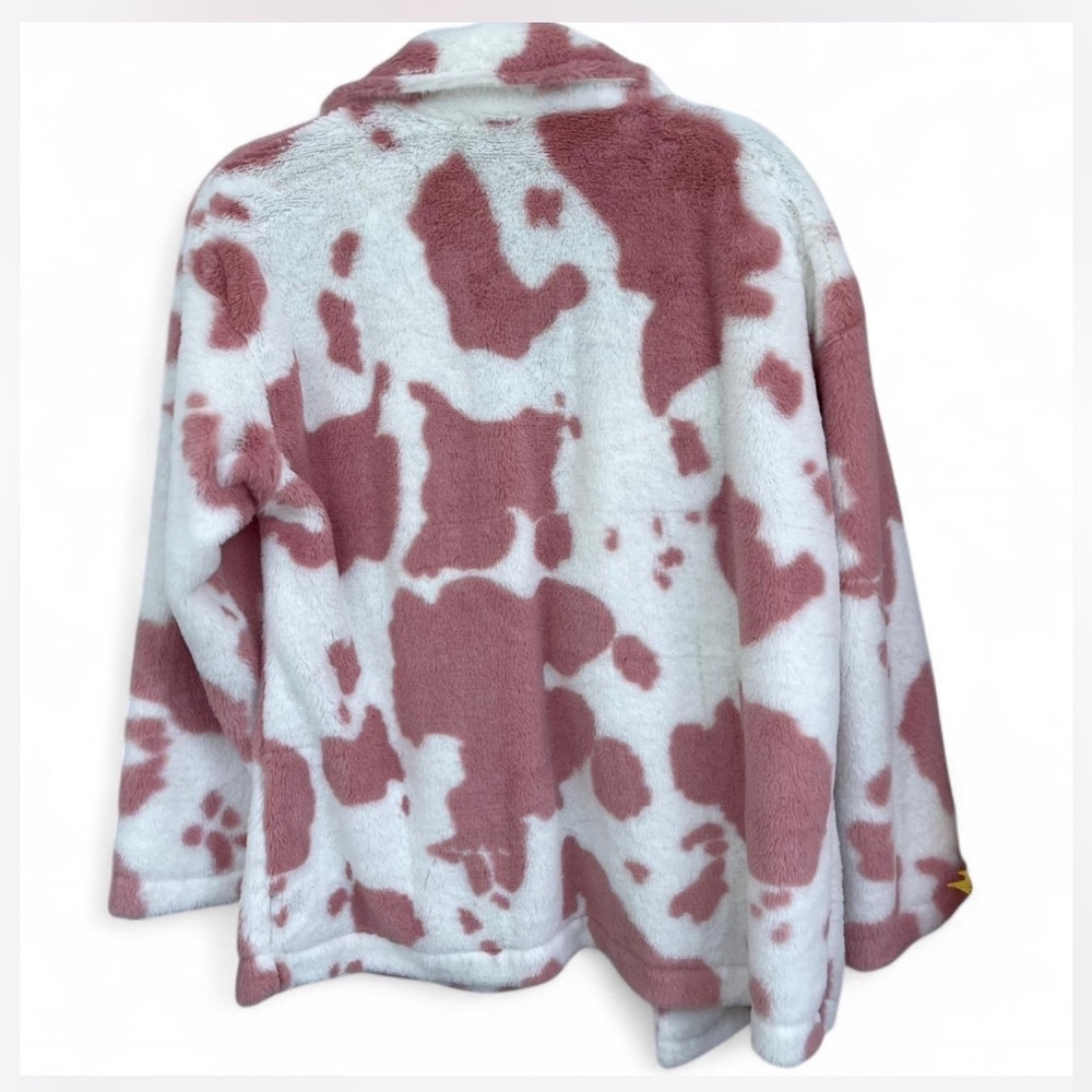 Jacket Coat Cow Print Pink White Faux Fur Long Sleeve Fits Sizes 4 to 12 - Picture 2 of 4